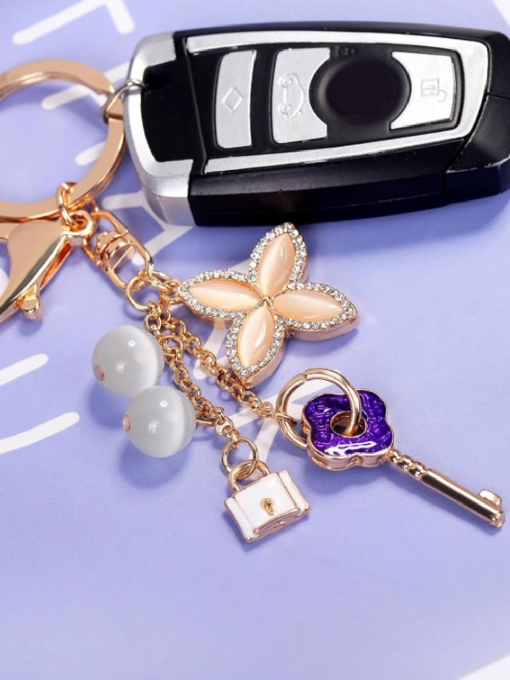Floral Enamel bag/purse charm Keychain with lock & key